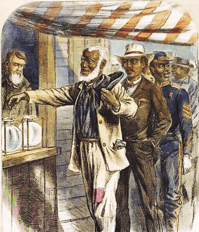 Drawing of black people voting in South, 1867