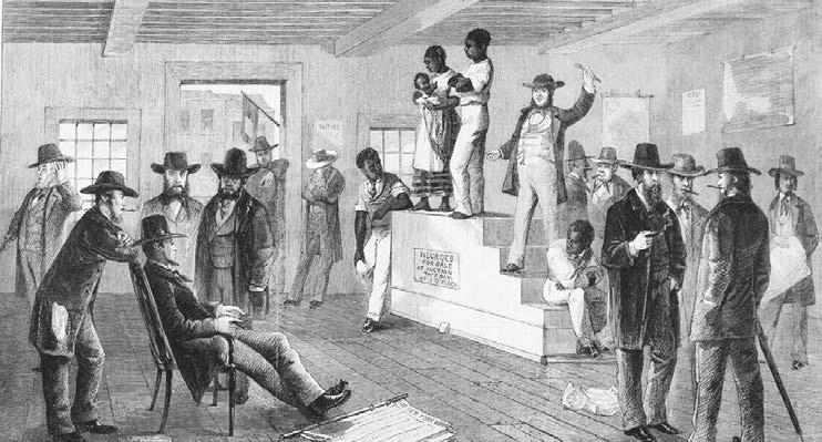 Illustration shows family for sale at slave auction in Virginia in 1861.