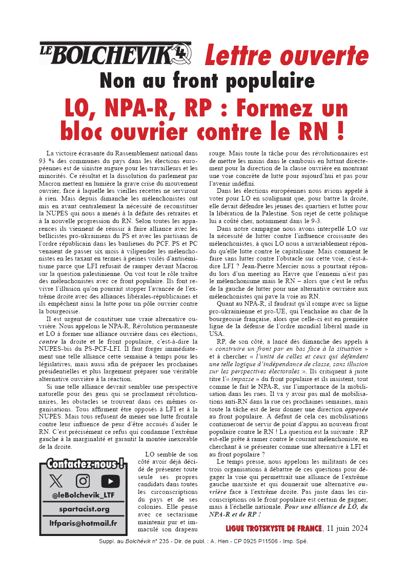LO, NPA-R, RP : Formez un bloc ouvrier contre le RN !  |  11 ביוני 2024
