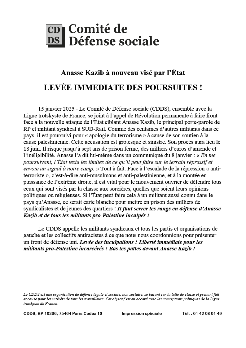 Anasse Kazib à nouveau visé par l’État | Levée immédiate des poursuites!  |  15 de gener de 2025