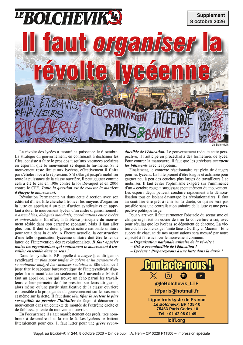 Le Bolchévik (supplément)  |  8 octobre 2026