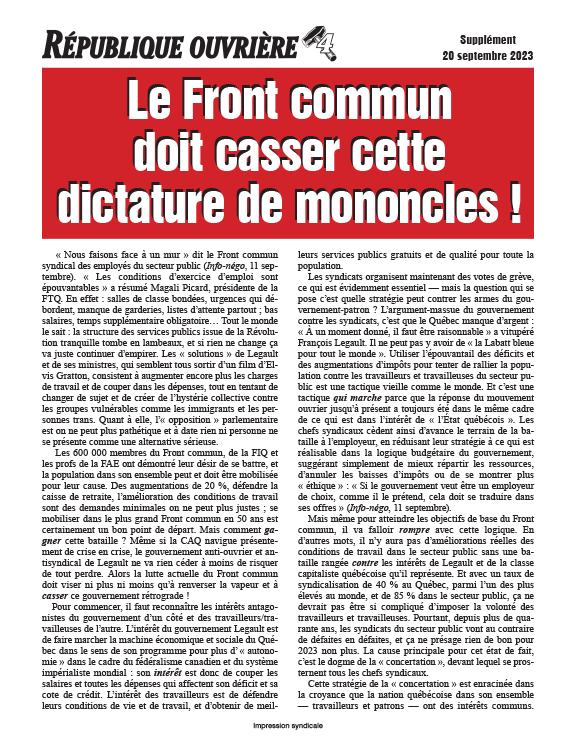 Le Front commun doit casser cette dictature de mononcles !  |  20 בספטמבר 2023