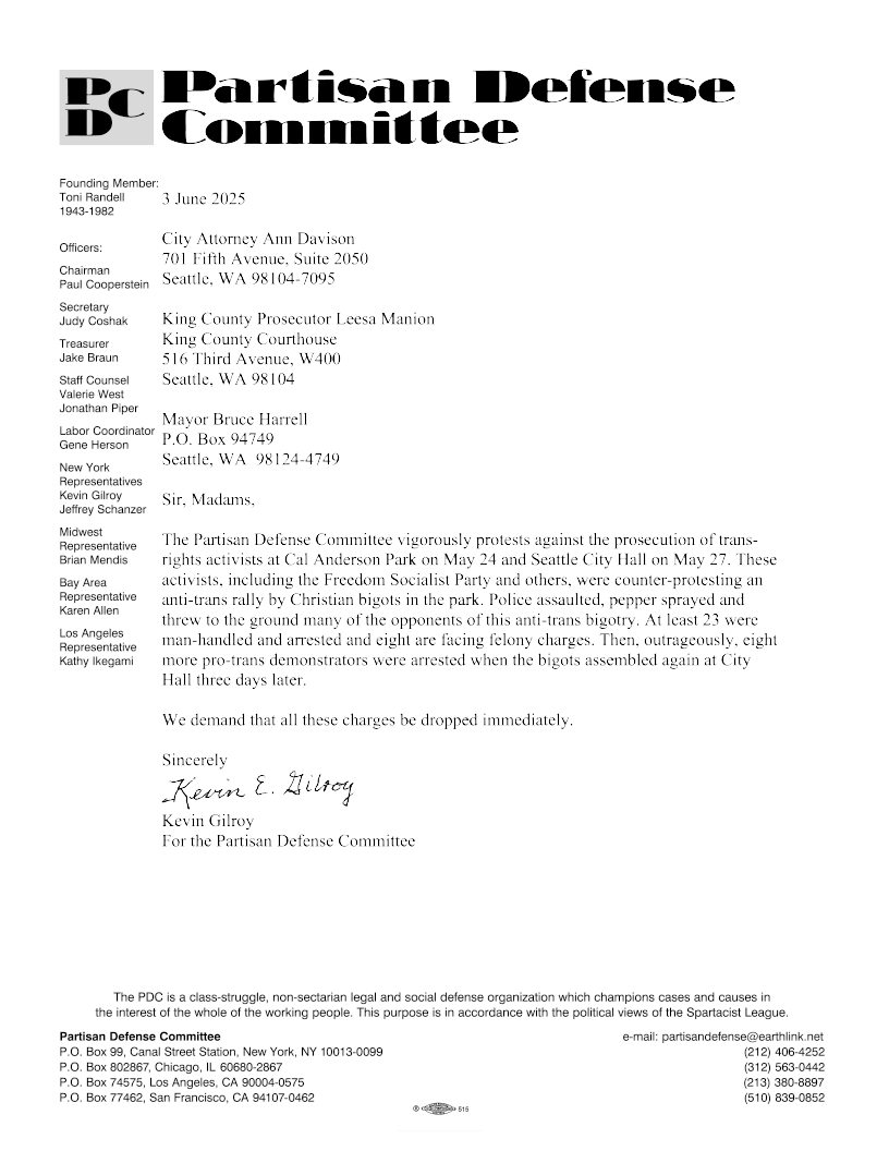Letter Protesting the Prosecution of Trans-Rights Activists  |  3 de juny de 2025