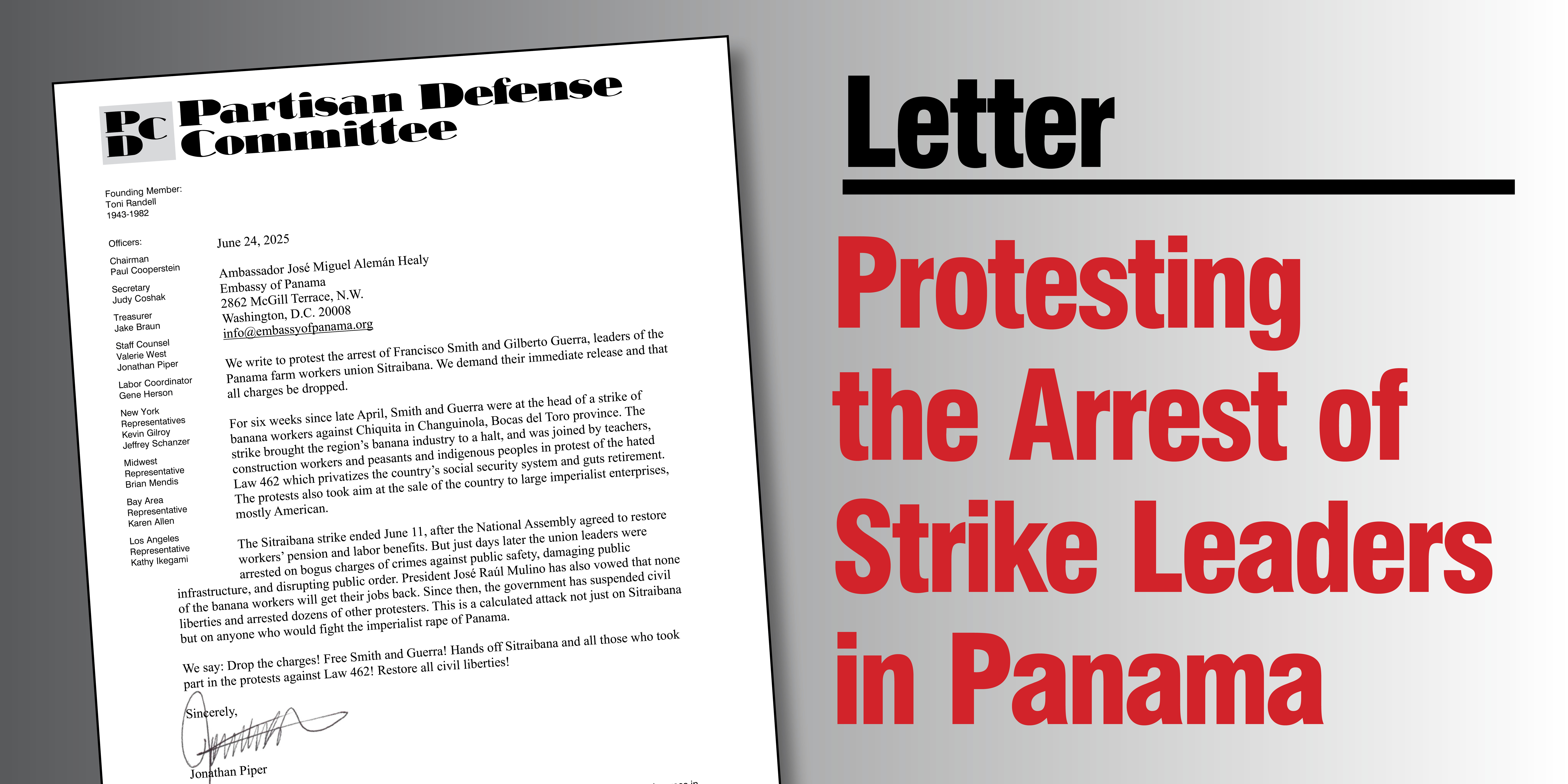 Letter Protesting the Arrest of Strike Leaders in Panama  |  24 June 2025
