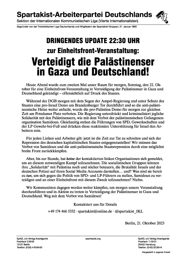 Spartakist-Arbeiterpartei Deutschlands Erklärung  |  ٢١ أكتوبر ٢٠٢٣