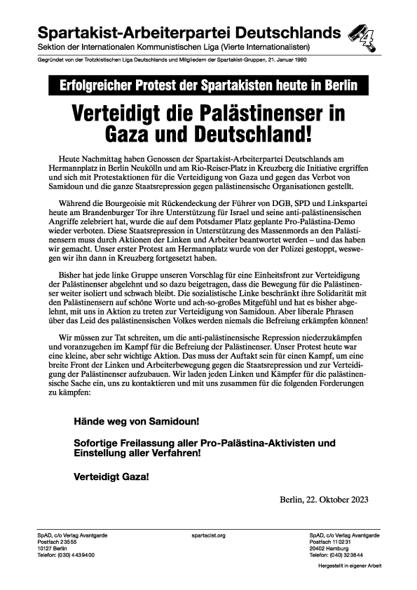 Spartakist-Arbeiterpartei Deutschlands Erklärung  |  ٢٢ أكتوبر ٢٠٢٣