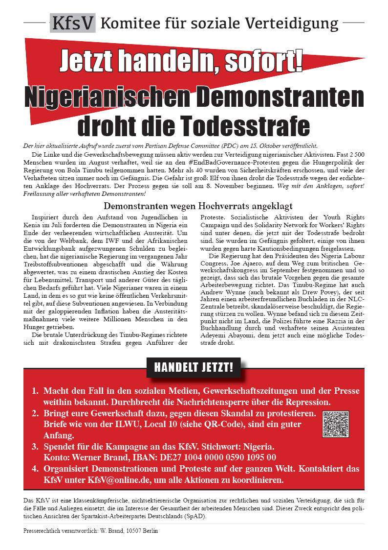 Jetzt handeln, sofort! Nigerianischen Demonstranten droht die Todesstrafe  |  Oktubre 19, 2024