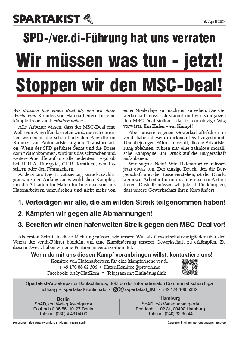 Spartakist-Arbeiterpartei Deutschlands Erklärung  |  ٦ أبريل ٢٠٢٤