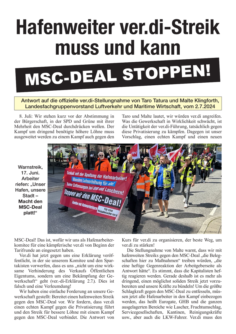 Hafenweiter ver.di-Streik muss und kann MSC-DEAL STOPPEN!  |  8 luglio 2024