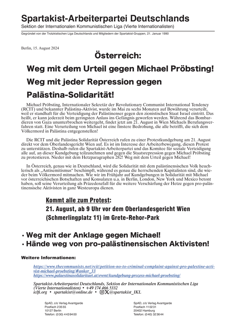 Österreich: Weg mit dem Urteil gegen Michael Pröbsting!  |  15 августа 2024 г.