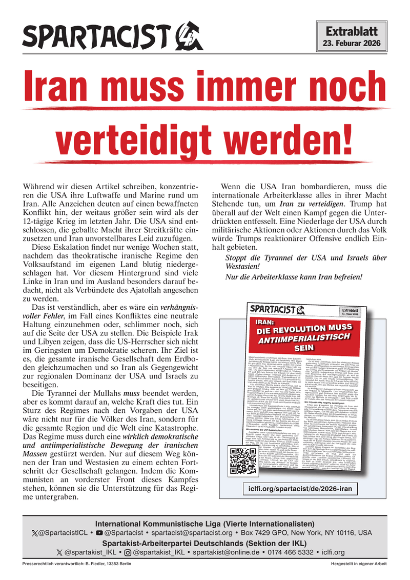 Spartacist (deutschsprachige Ausgabe) Extra  |  23. Februar 2026