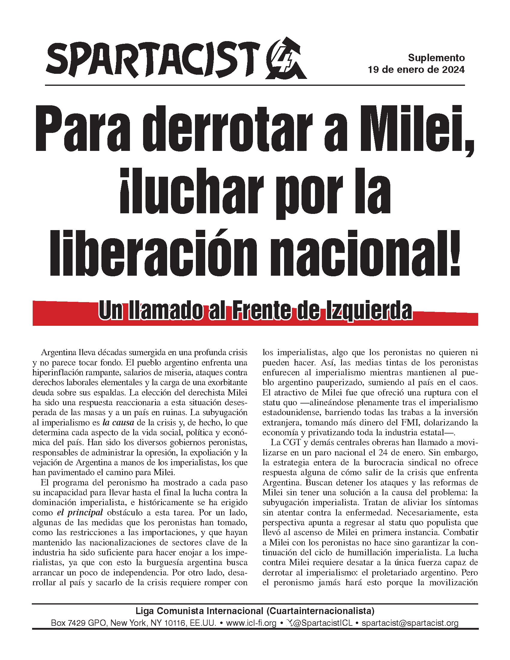 Para derrotar a Milei, ¡luchar por la liberación nacional! Un llamado al Frente de Izquierda  |  19 בינואר 2024