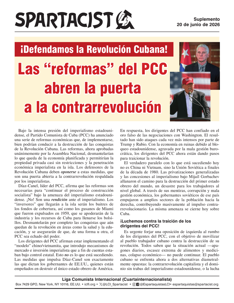 suplemento Spartacist (edición en español)  |  20 de junio de 2026