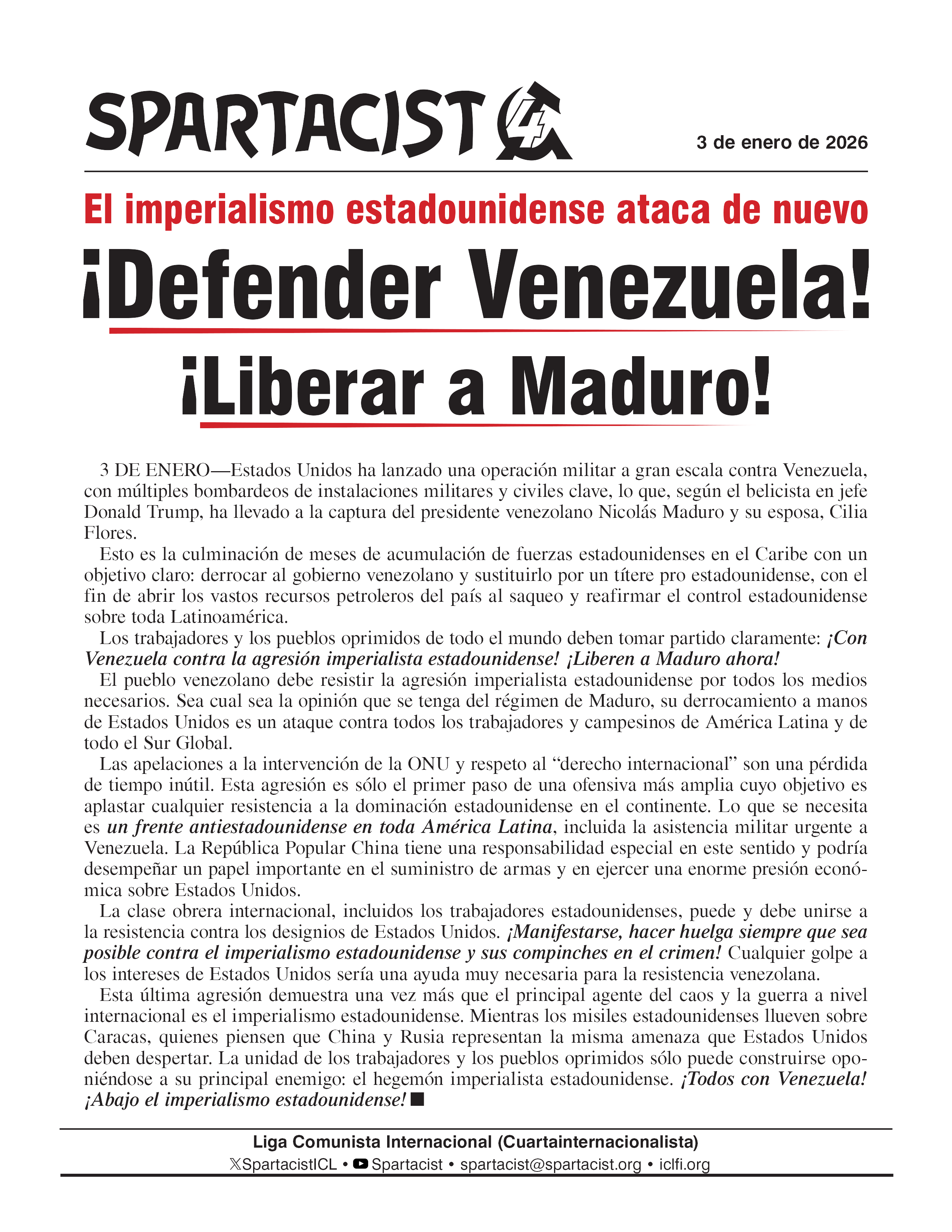 suplemento Spartacist (edición en español)  |  3 de enero de 2026