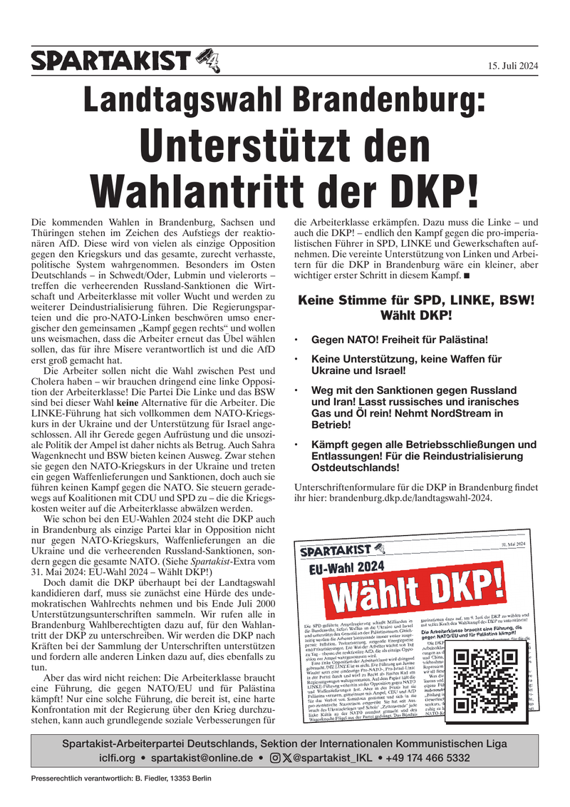 Landtagswahl Brandenburg: Unterstützt den Wahlantritt der DKP!  |  15. Juli 2024