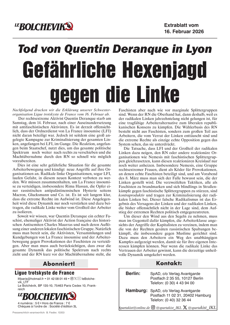 Spartakist Extra  |  16. Februar 2026