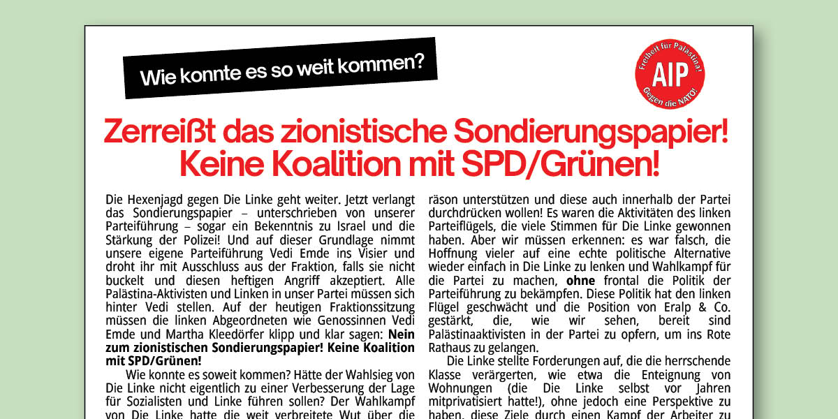 Zerreißt das zionistische Sondierungspapier! Keine Koalition mit SPD/Grünen!