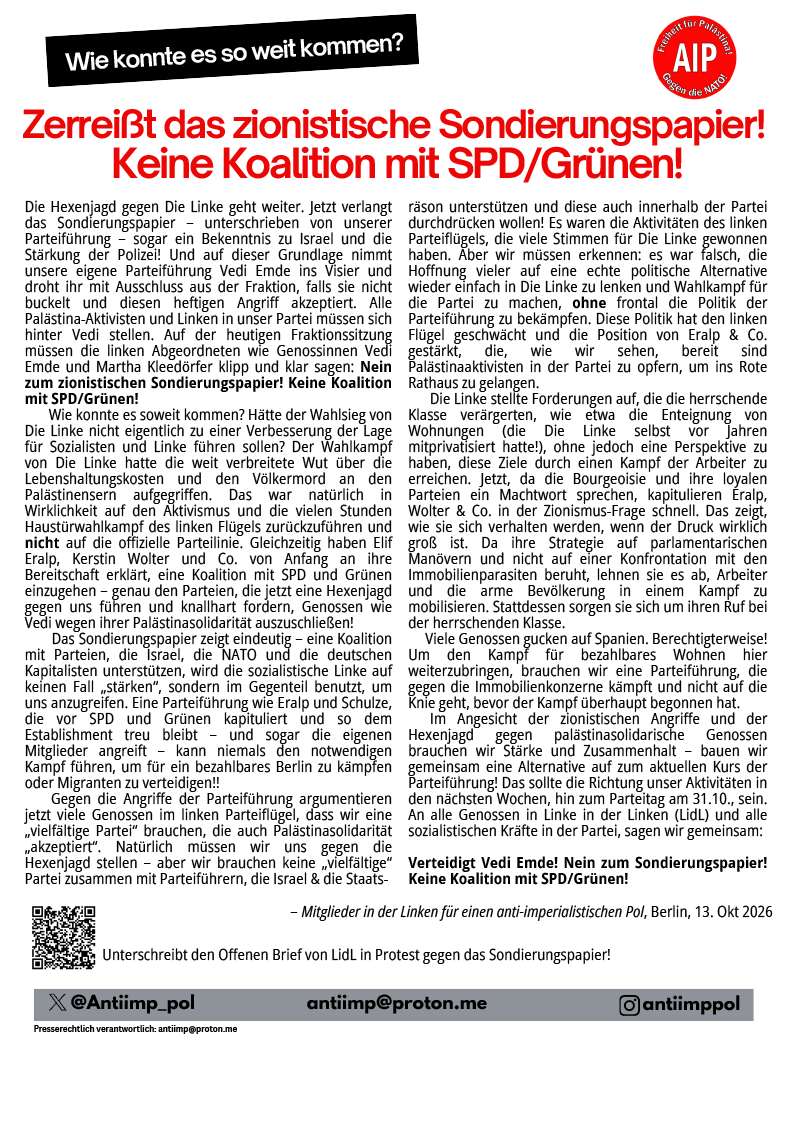 Mitglieder in der Linken für einen anti-imperialistischen Pol  |  13. Oktober 2026