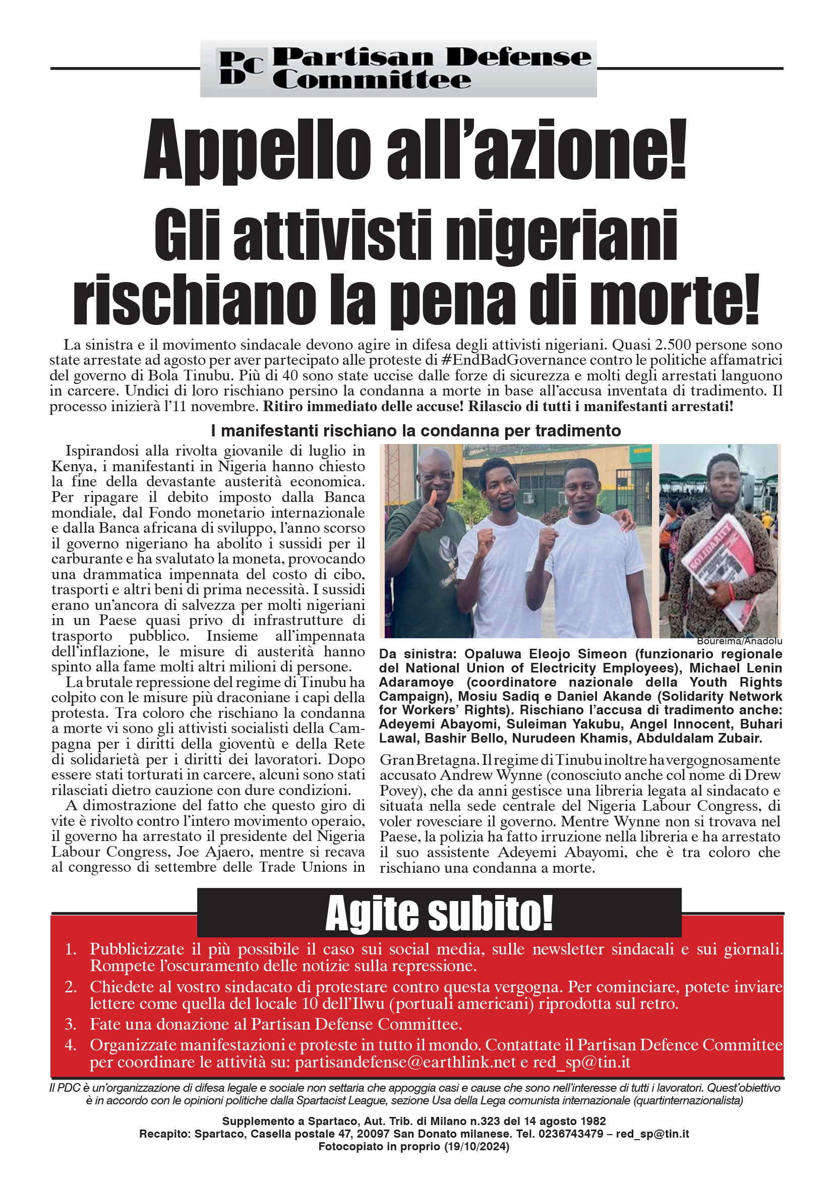 Appello all’azione! Gli attivisti nigeriani rischiano la pena di morte!  |  25 ottobre 2024