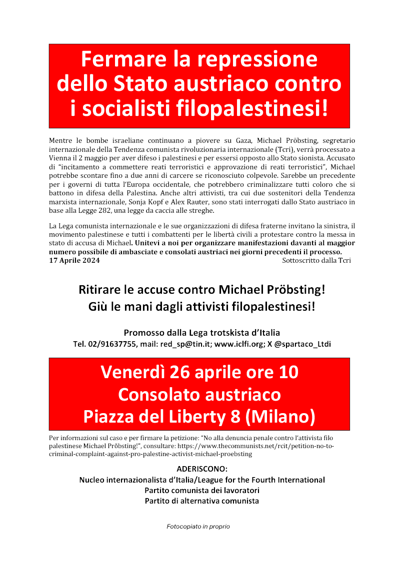 Fermare la repressione dello Stato austriaco contro i socialisti filopalestinesi!  |  17 באפריל 2024