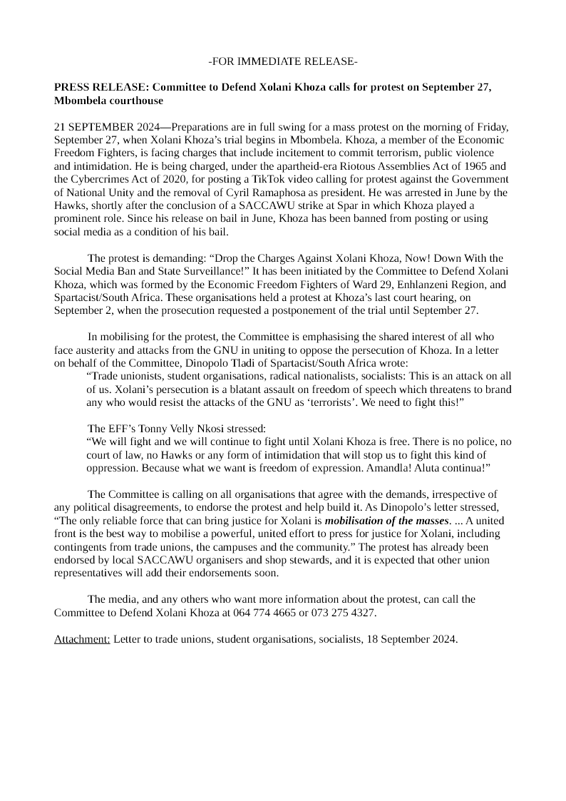 Committee to Defend Xolani Khoza calls for protest on September 27, Mbombela courthouse  |  ২১ সেপ্টেম্বর, ২০২৪
