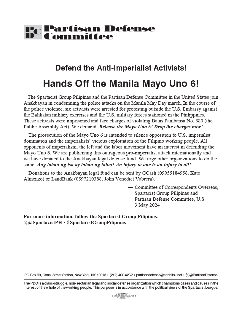 Hands Off the Manila Mayo Uno 6!  |  3 במאי 2024