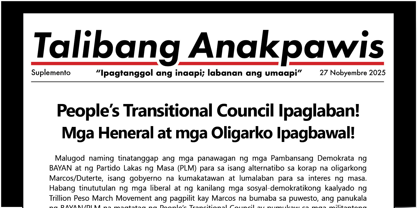 People’s Transitional Council Ipaglaban! Mga Heneral at mga Oligarko Ipagbawal!