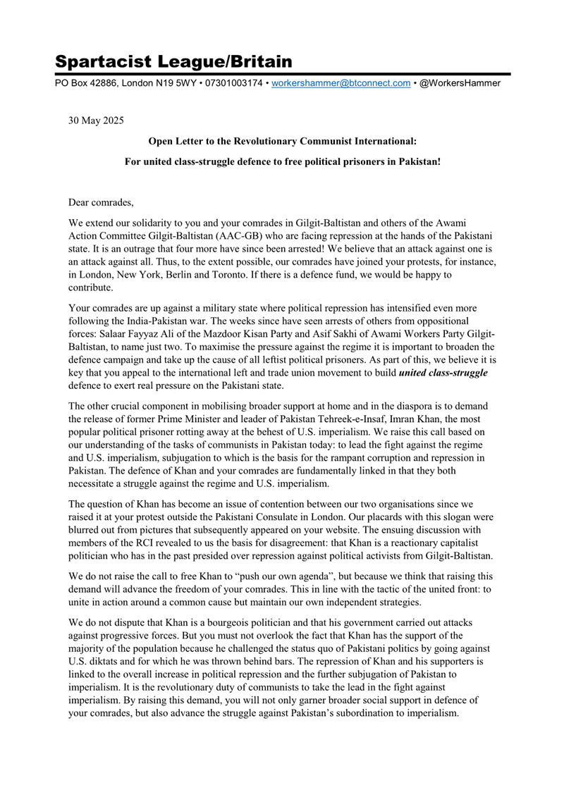 For united class-struggle defence to free political prisoners in Pakistan!  |  30 de maig de 2025