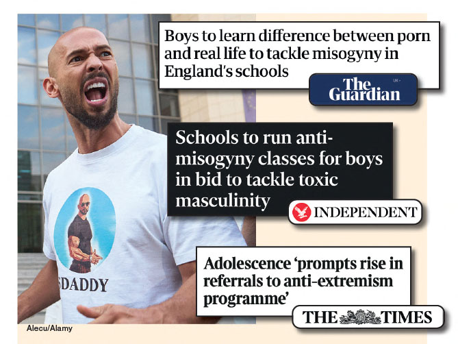 Picture of Andrew Tate with quotes from Guardian, Independent and Times
