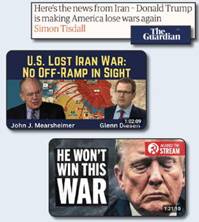 Headlines indicating Trump won't win war in Iran