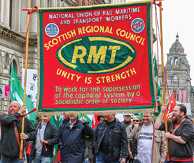 RMT banner at May Day demo, Glasgow, 2019