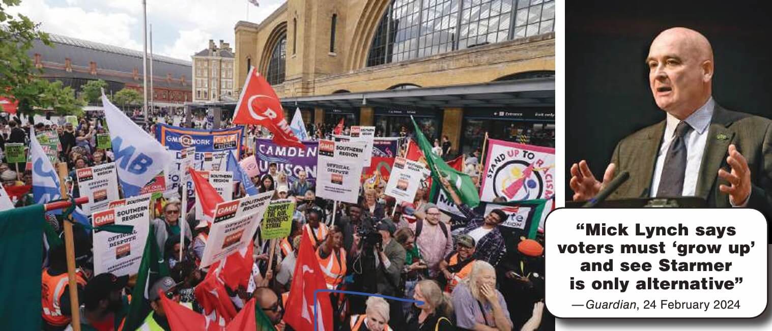 >Demonstration during 2022-23 strike wave and photo of Mick Lynch