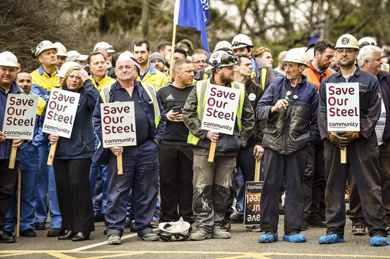 Steelworkers protest at Port Talbot, Wales