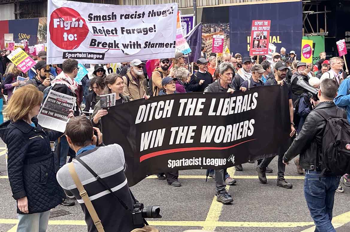 London, 13 September 2025: Spartacist banner at SUTR demonstration against Tommy Robinson