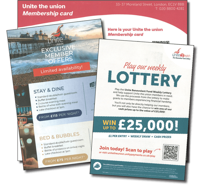Union leaflets offering bed and bubbles and lottery deals