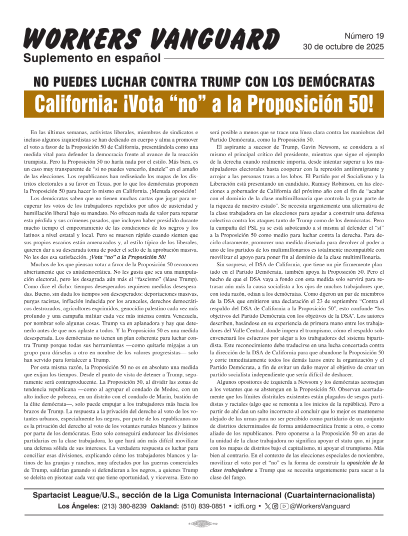 Suplementos en español de Workers Vanguard No. 19  |  30 de octubre de 2025