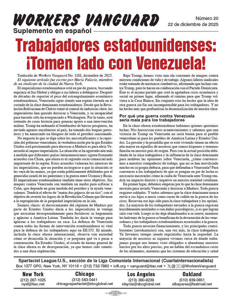 Suplementos en español de Workers Vanguard No. 20  |  22 de diciembre de 2025